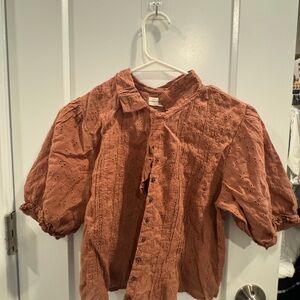 NATURAL LIFE Rust Eyelet Button-Up Puff Sleeve Crop Top